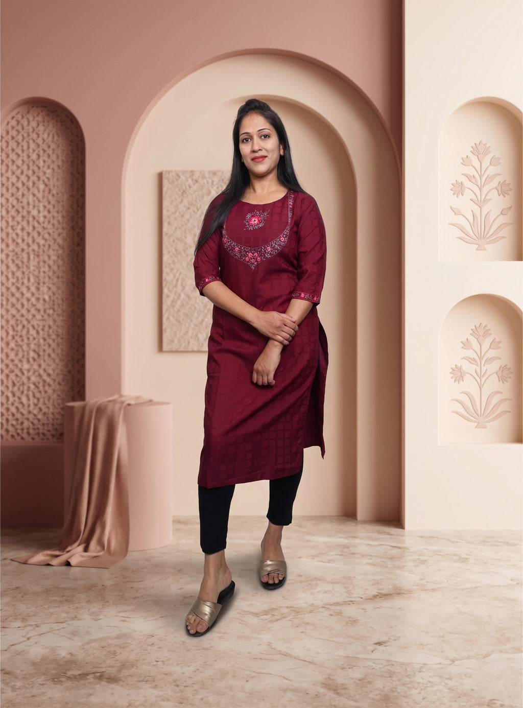 Wine cotton blend straight kurti