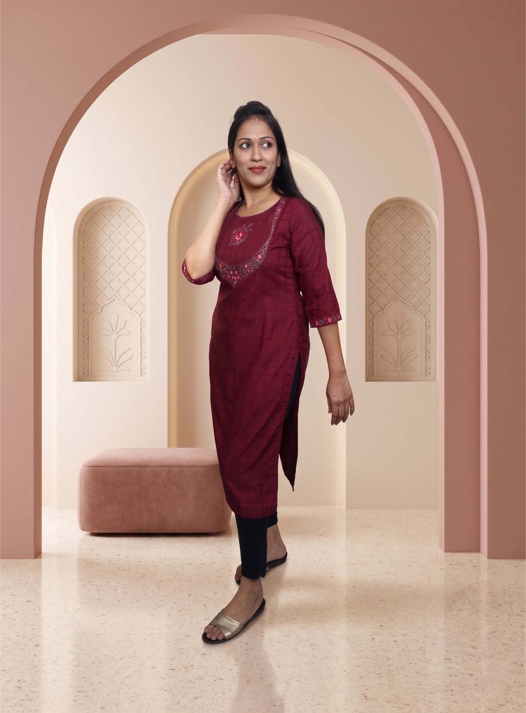 Wine cotton blend straight kurti