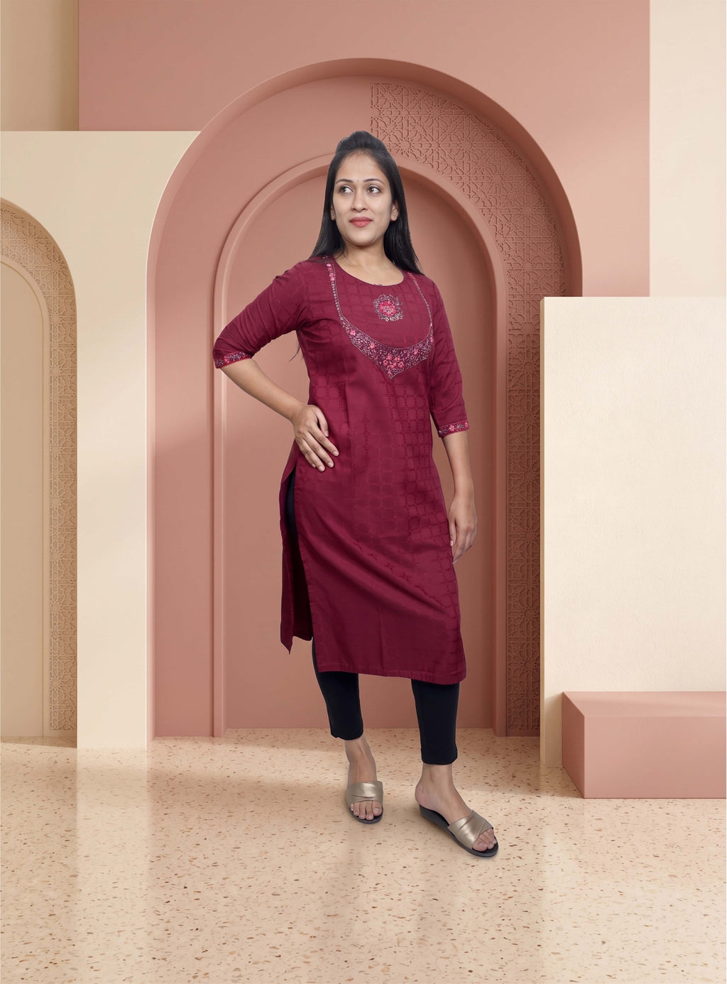 Wine cotton blend straight kurti