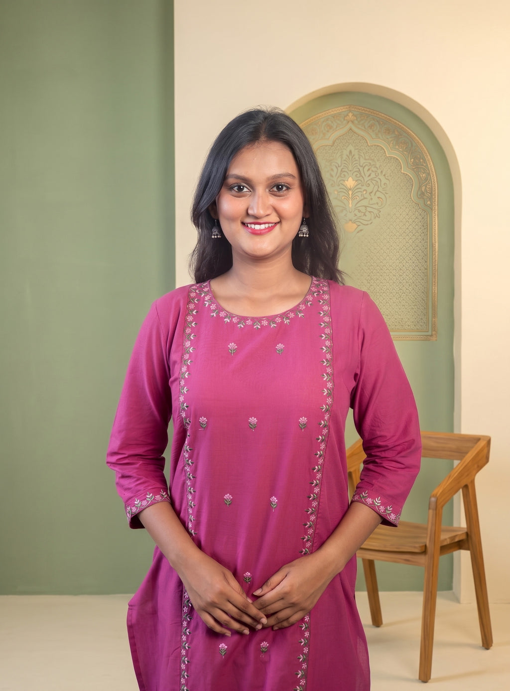 Wine cotton embroidery straight kurti