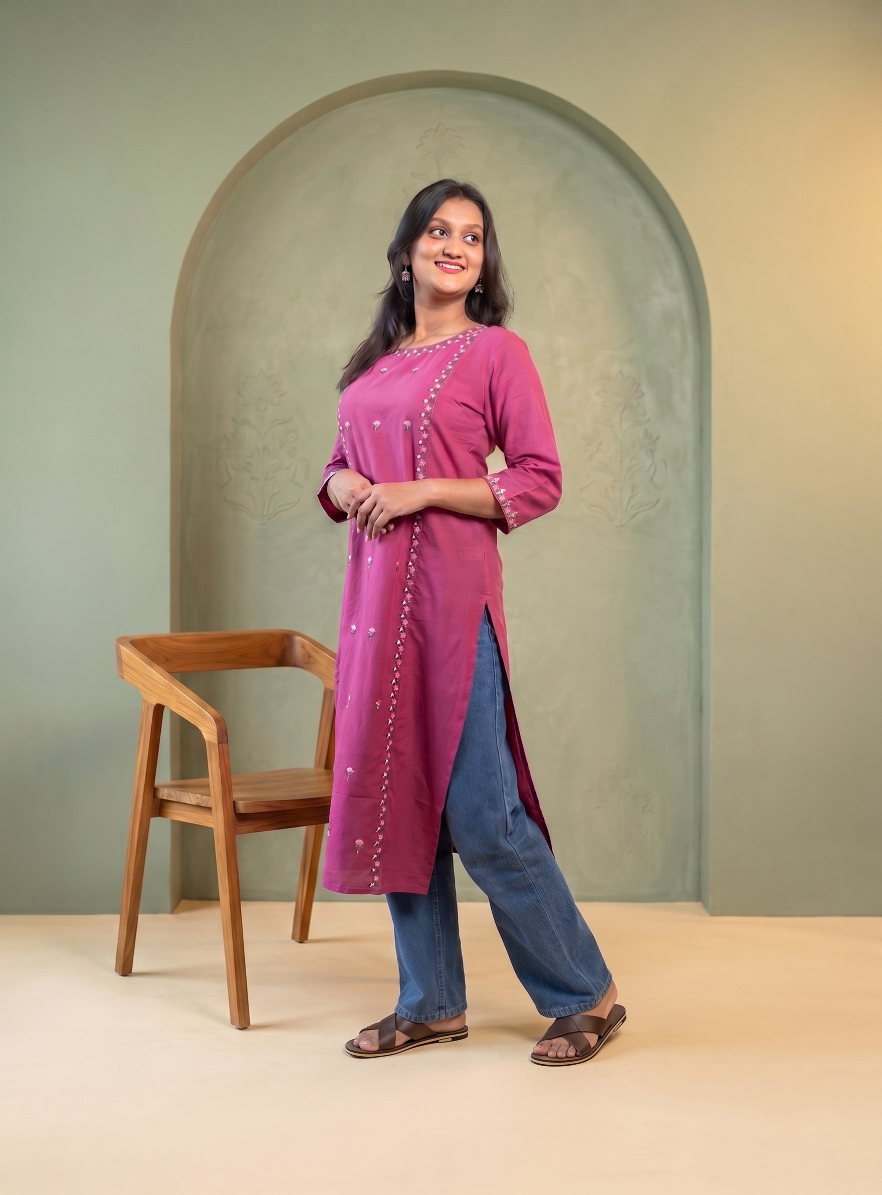 Wine cotton embroidery straight kurti