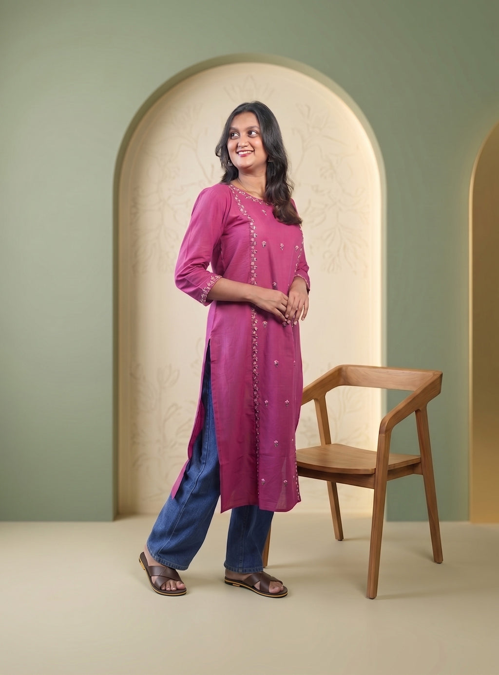 Wine cotton embroidery straight kurti