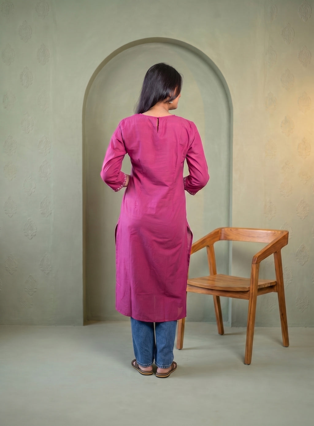 Wine cotton embroidery straight kurti