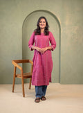 Wine cotton embroidery straight kurti