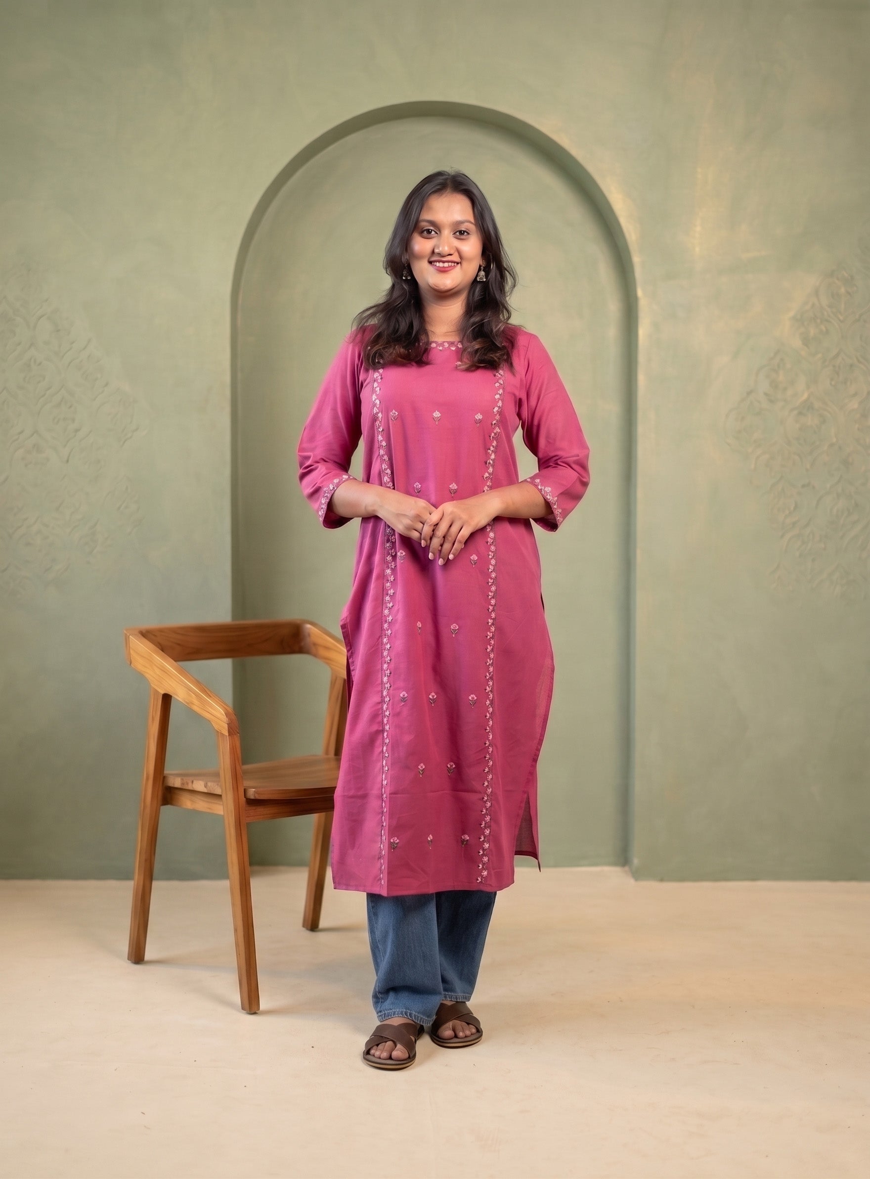 Wine cotton embroidery straight kurti