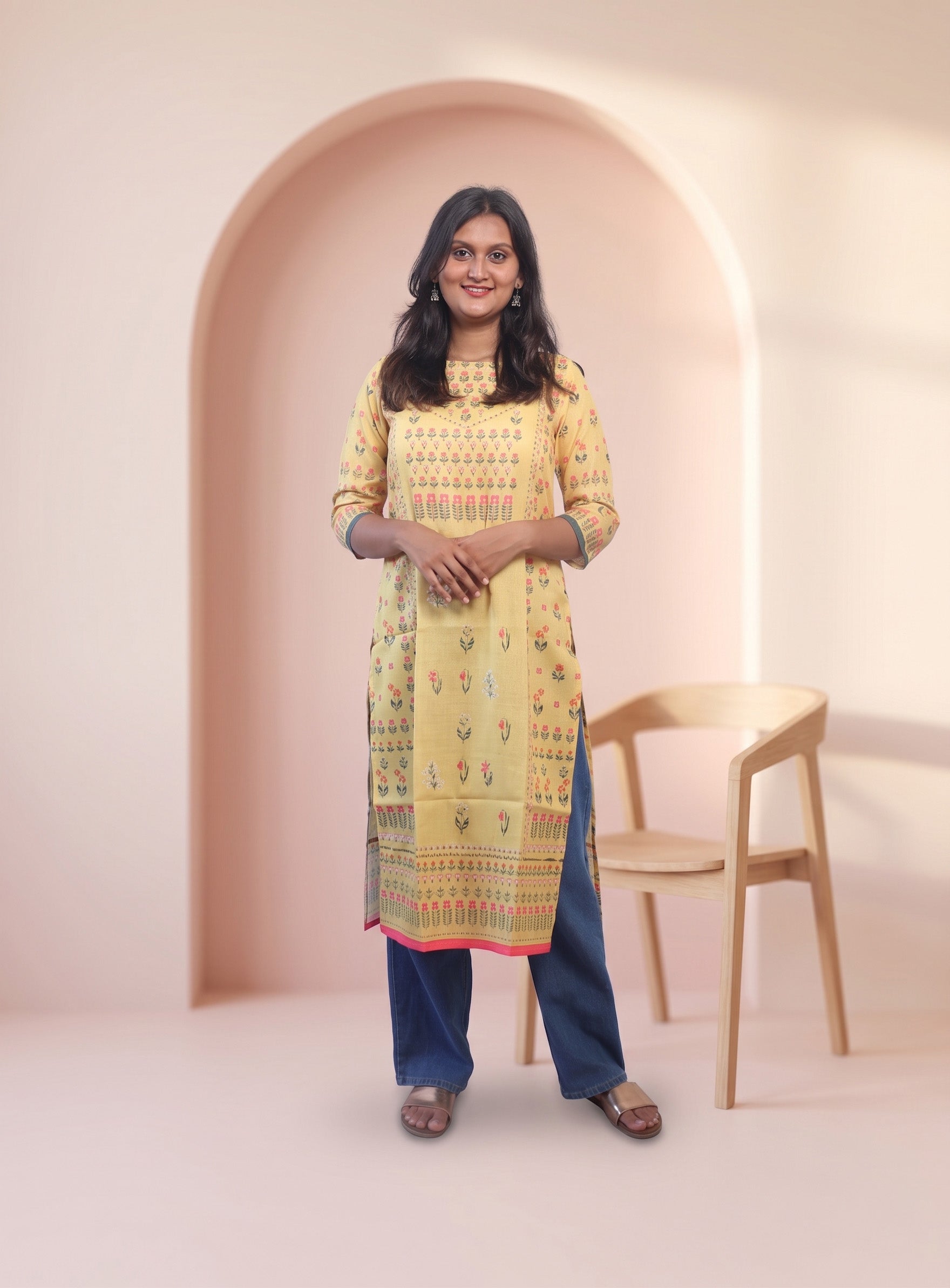 Yellow cotton printed straight kurta