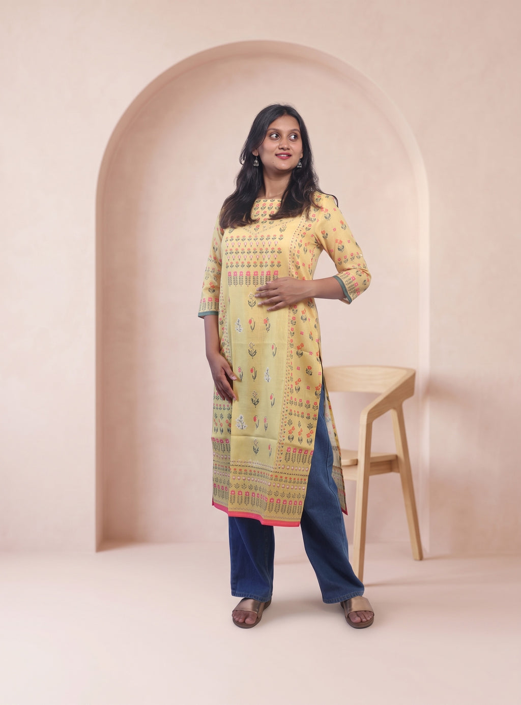 Yellow cotton printed straight kurta