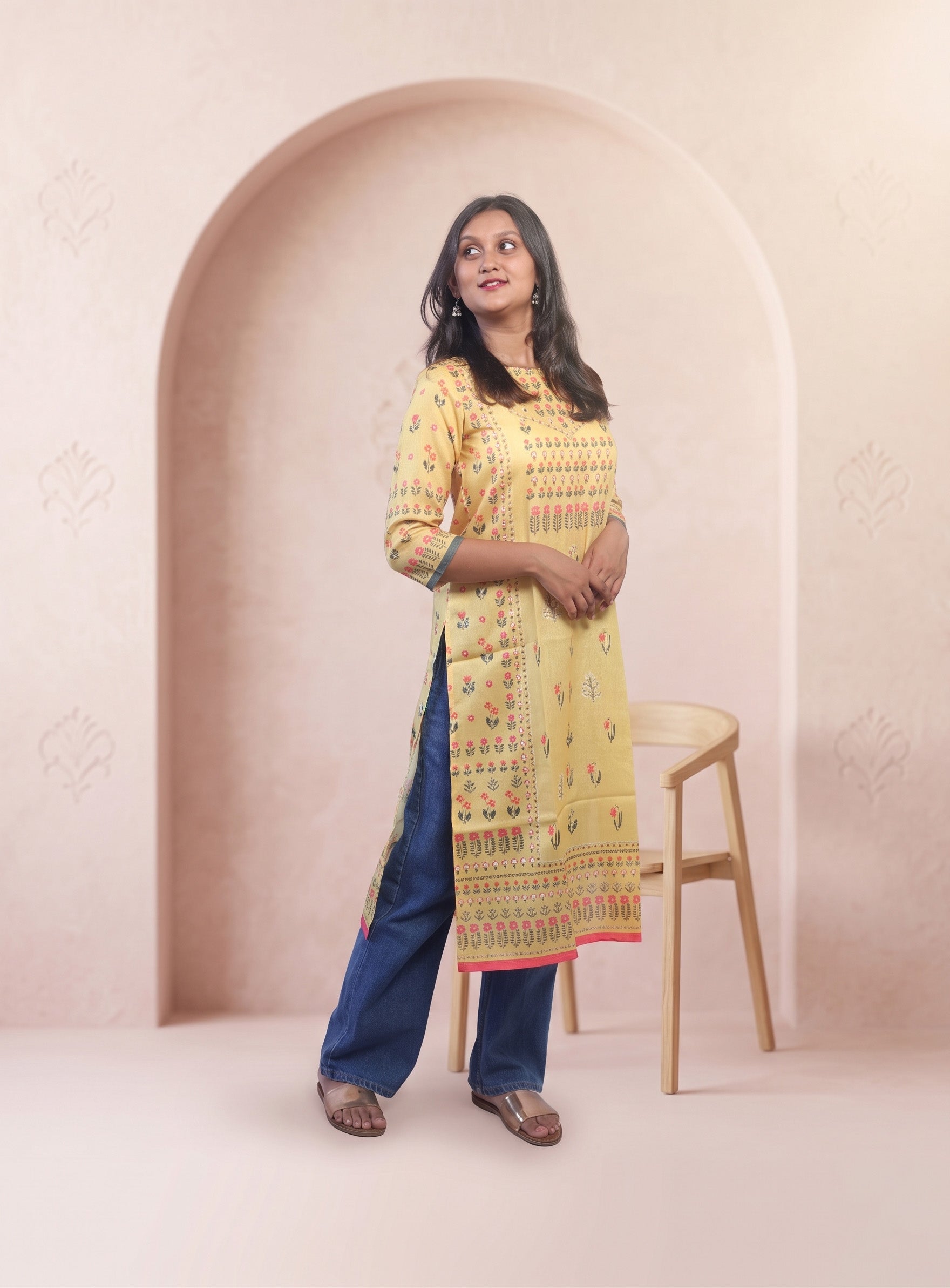 Yellow cotton printed straight kurta