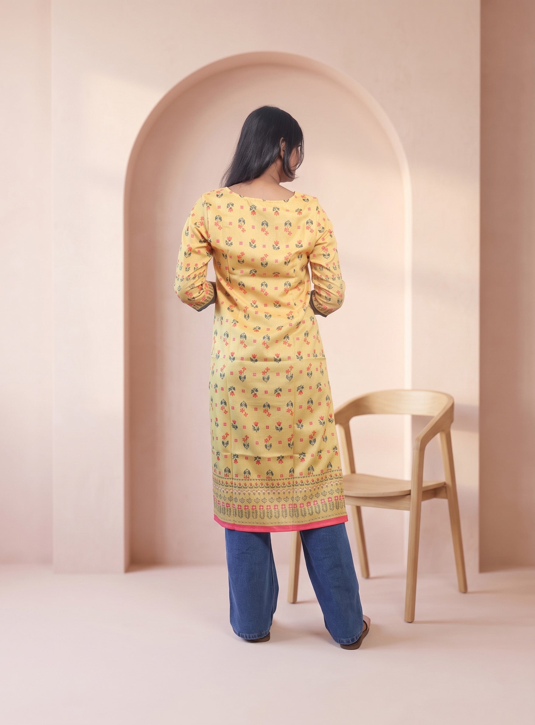 Yellow cotton printed straight kurta