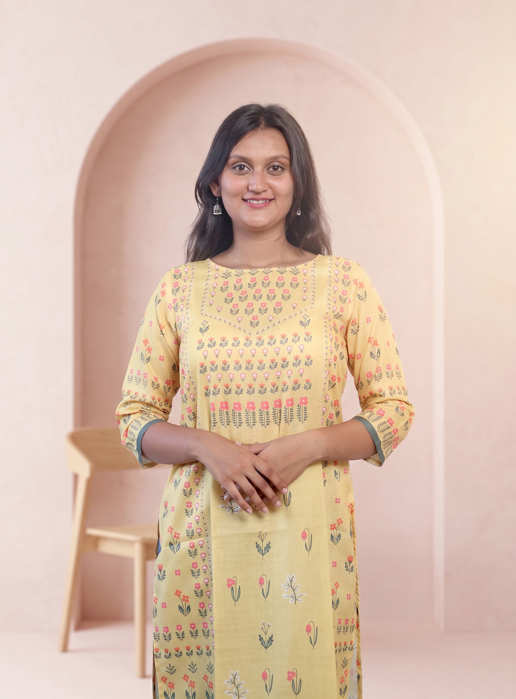 Yellow cotton printed straight kurta