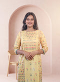 Yellow cotton printed straight kurta