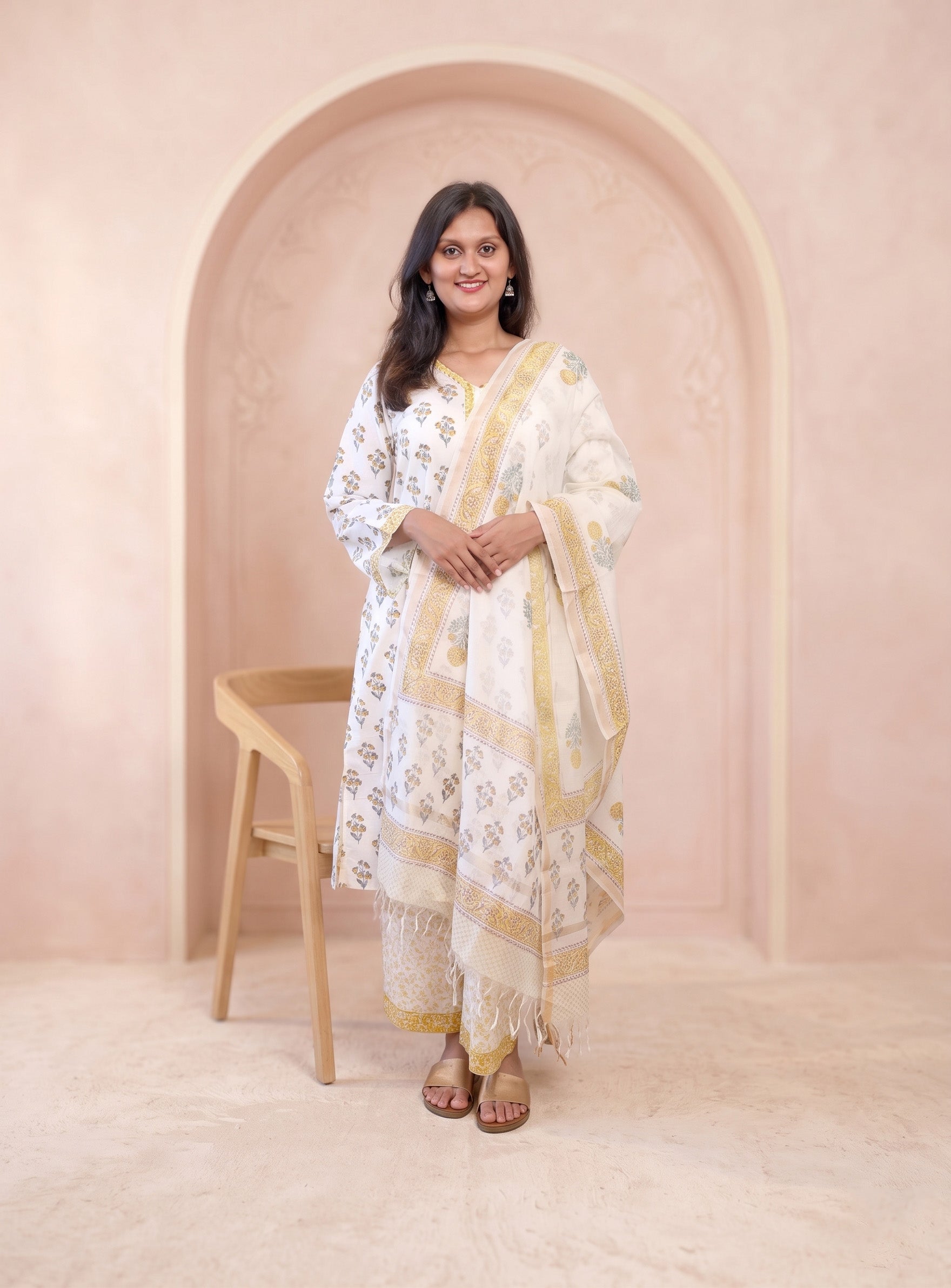 Yellow block print cotton full set with Dupatta