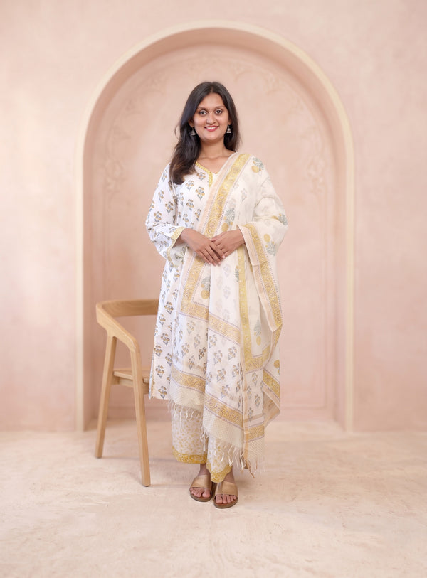 Yellow block print cotton full set with Dupatta