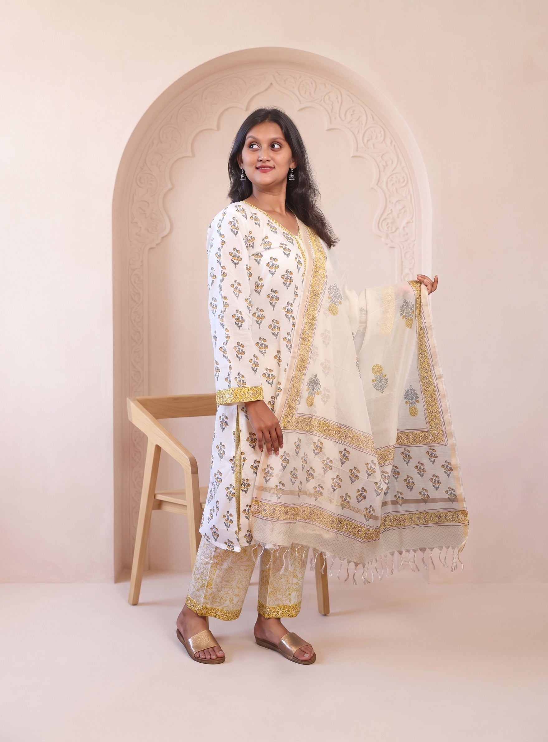 Yellow block print cotton full set with Dupatta