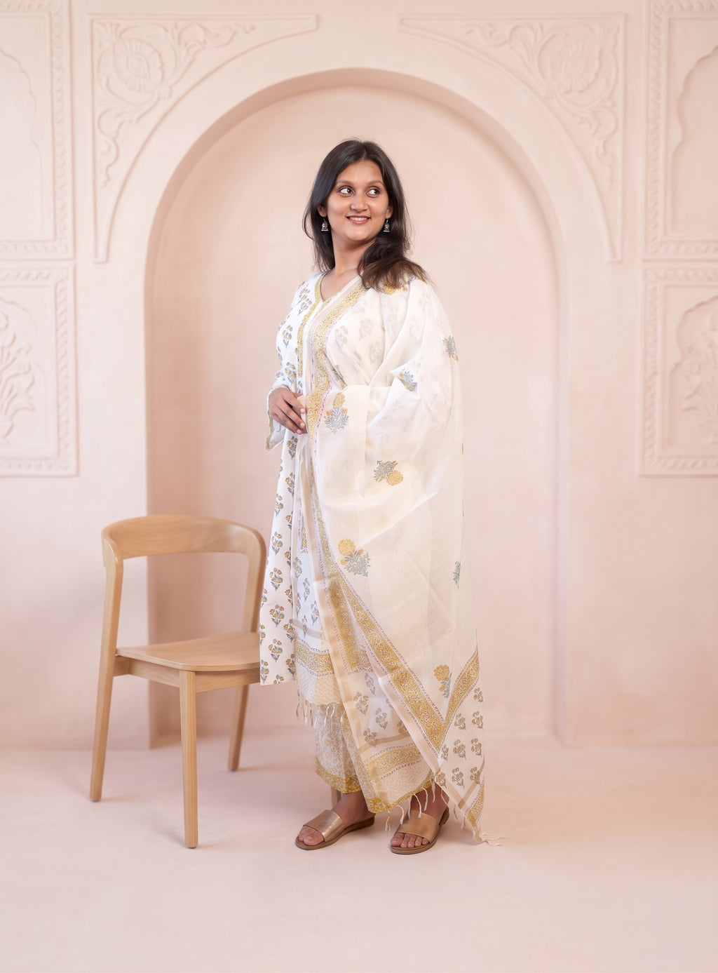 Yellow block print cotton full set with Dupatta