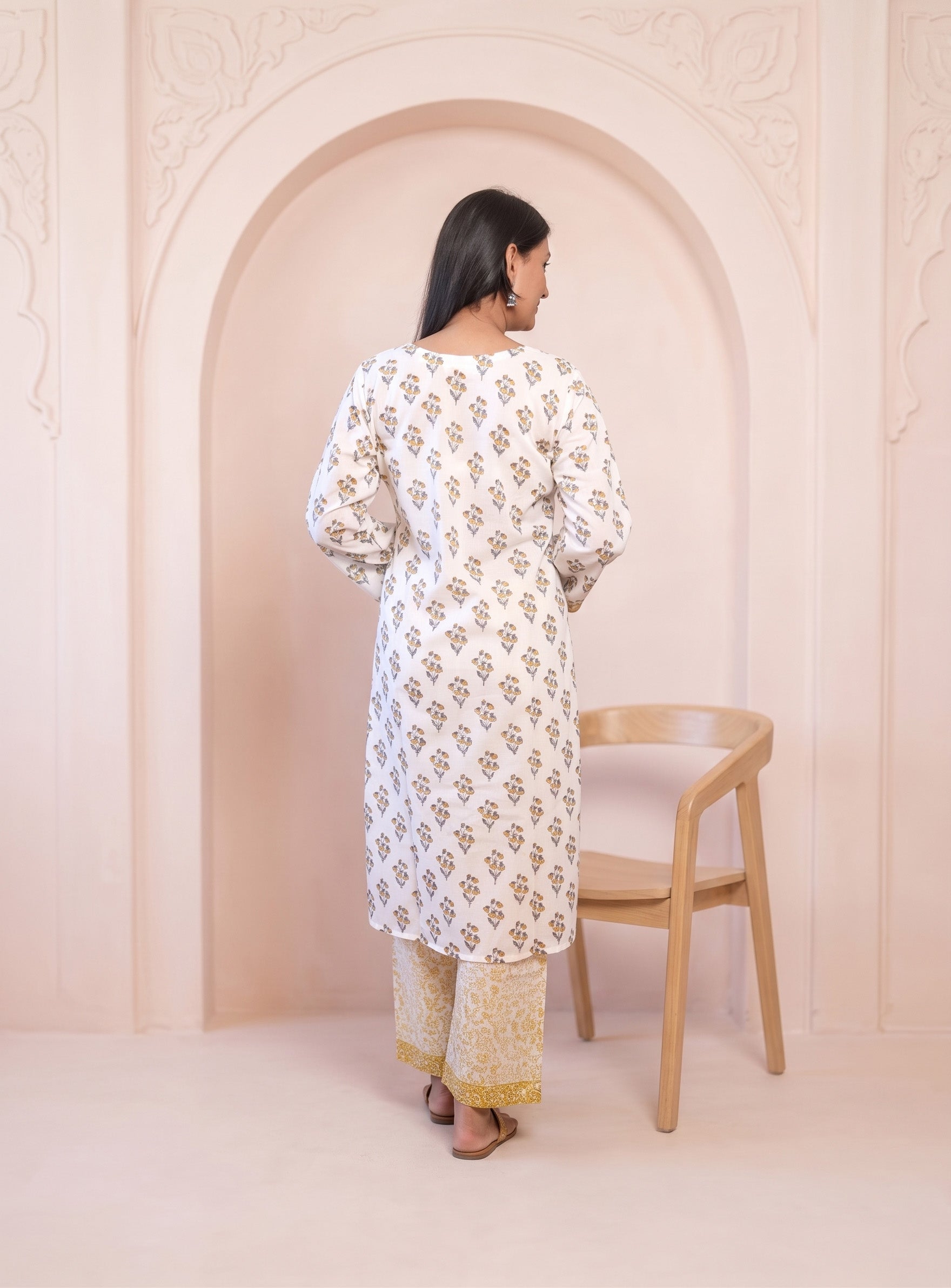 Yellow block print cotton full set with Dupatta