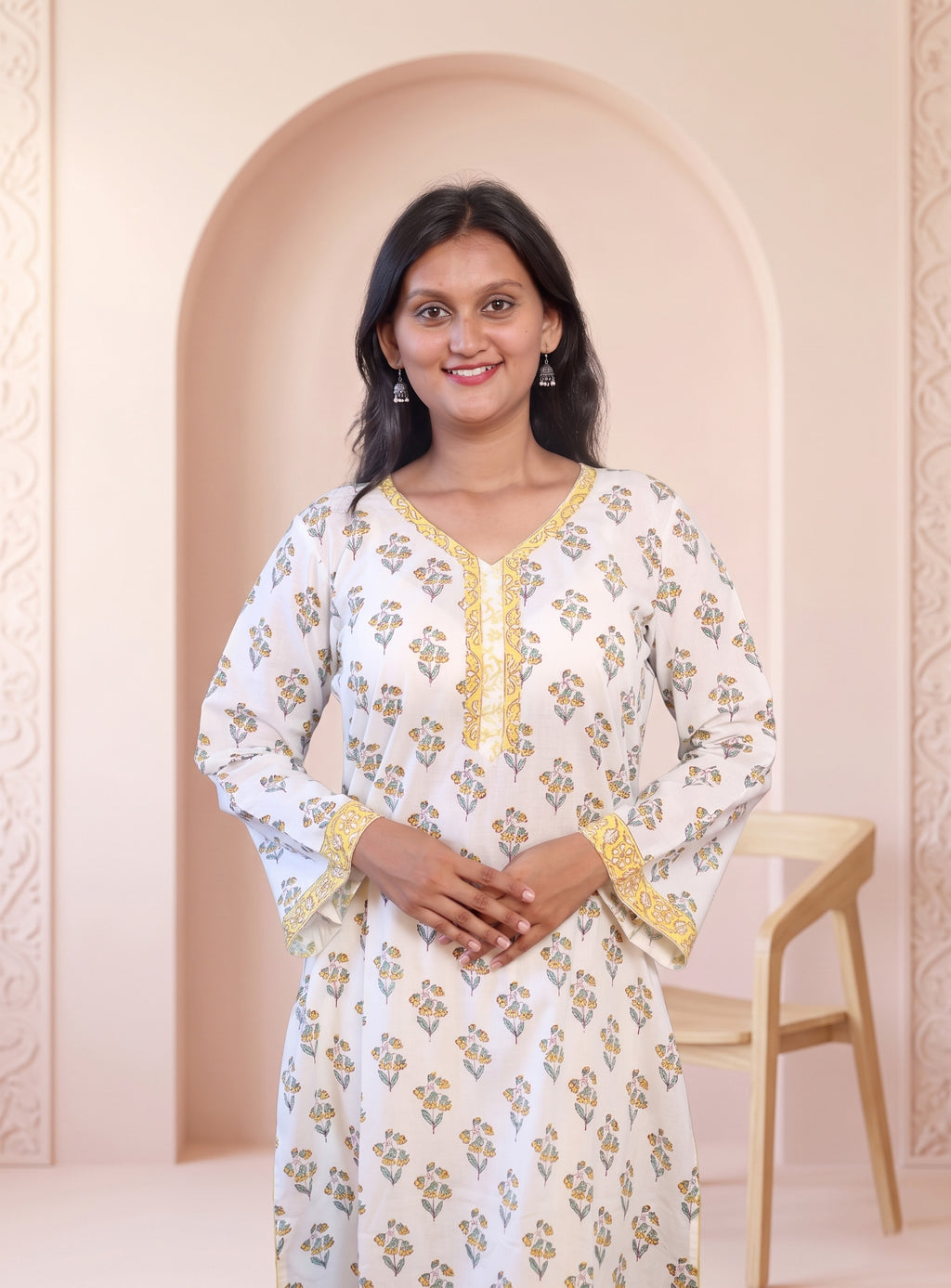 Yellow block print cotton full set with Dupatta