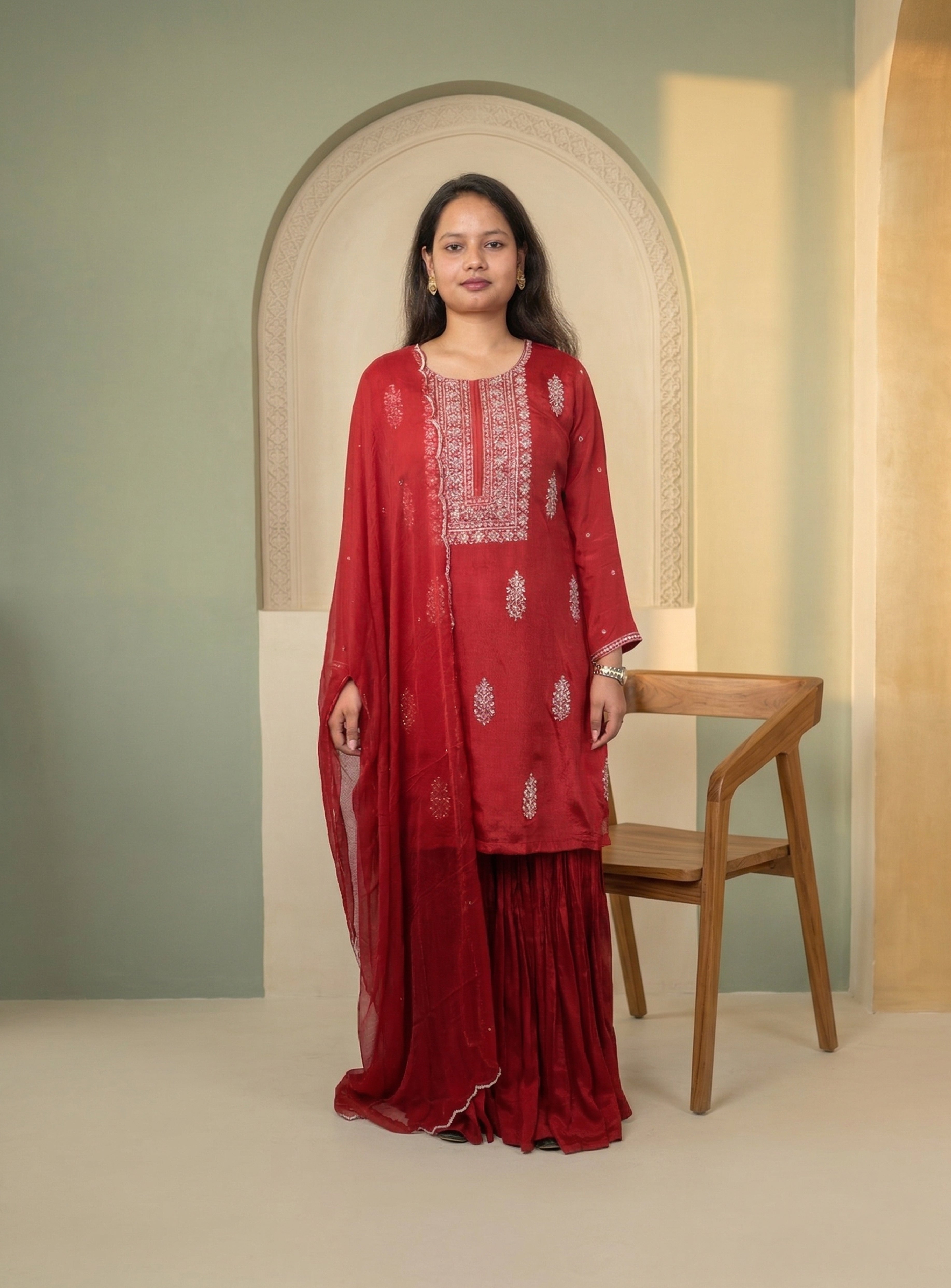 Red hand work chinon garara set with dupatta
