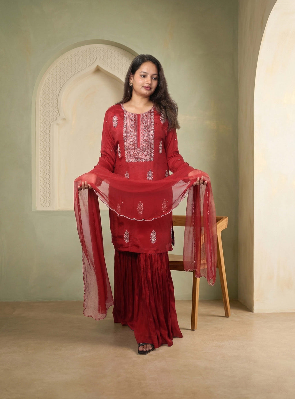Red hand work chinon garara set with dupatta