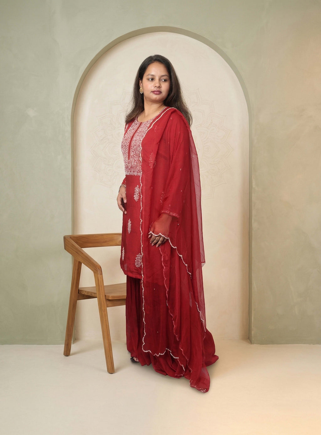 Red hand work chinon garara set with dupatta