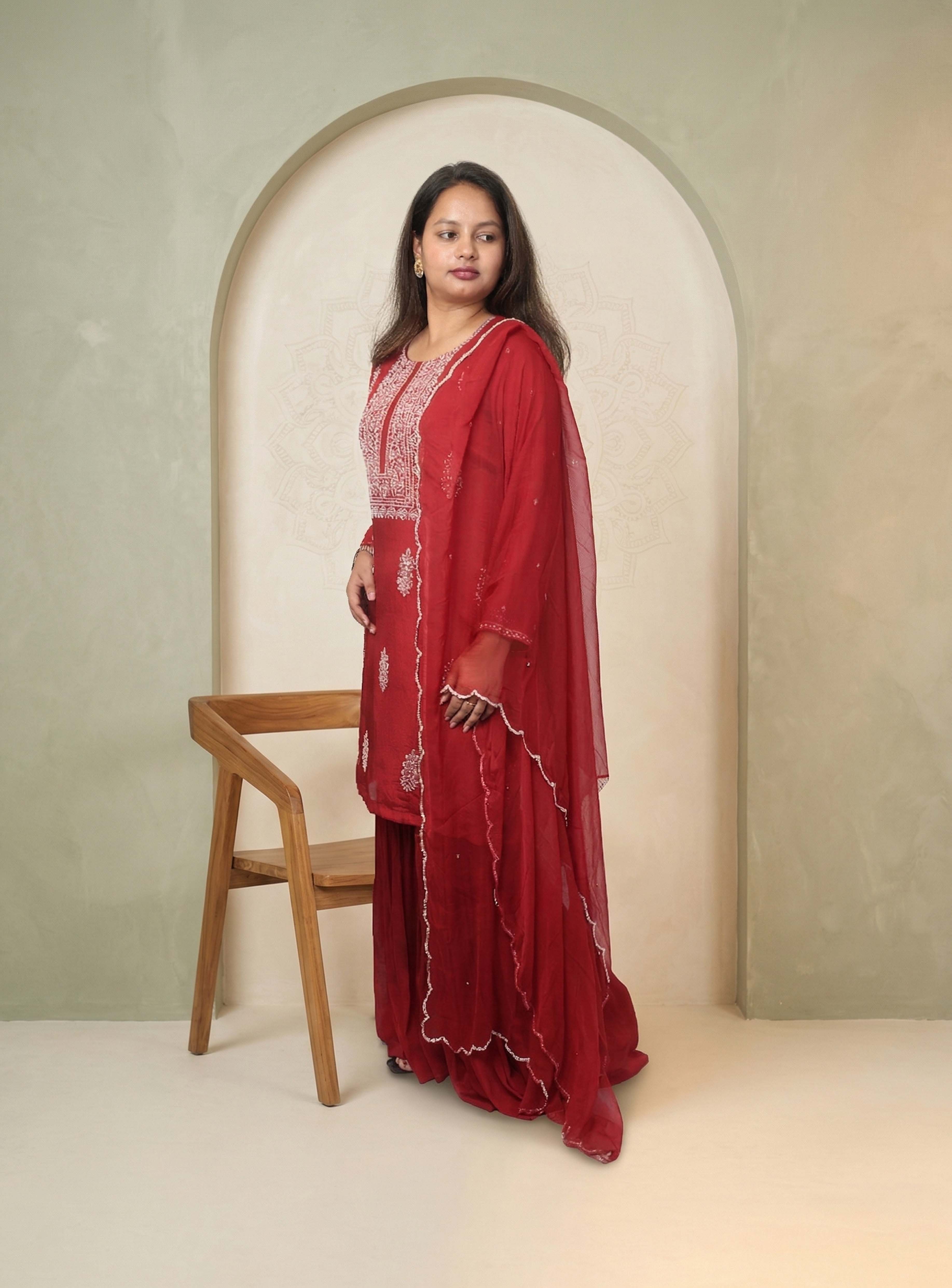 Red hand work chinon garara set with dupatta