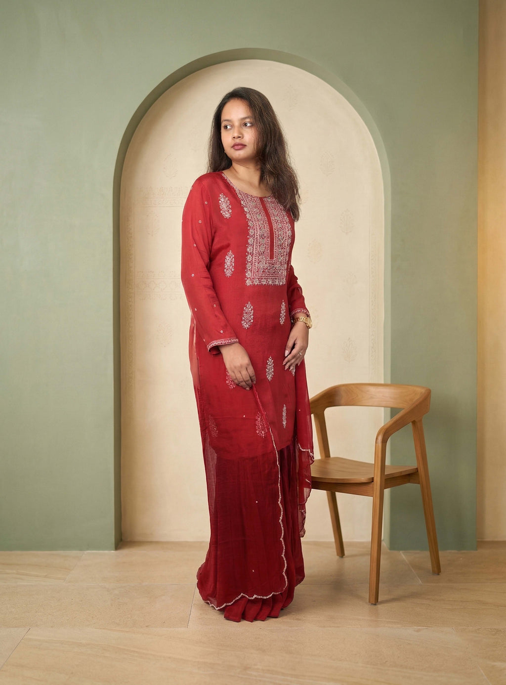 Red hand work chinon garara set with dupatta