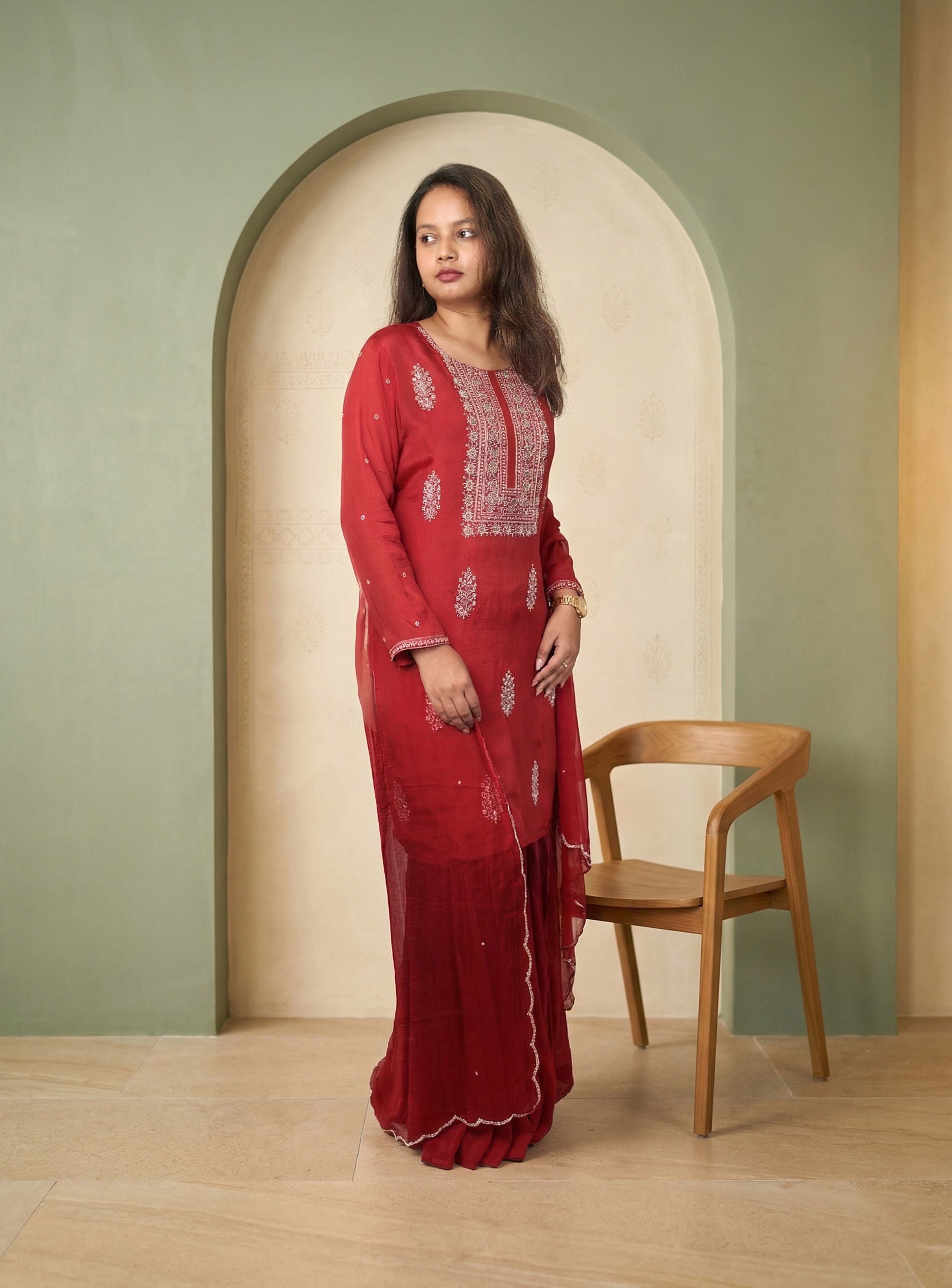Red hand work chinon garara set with dupatta
