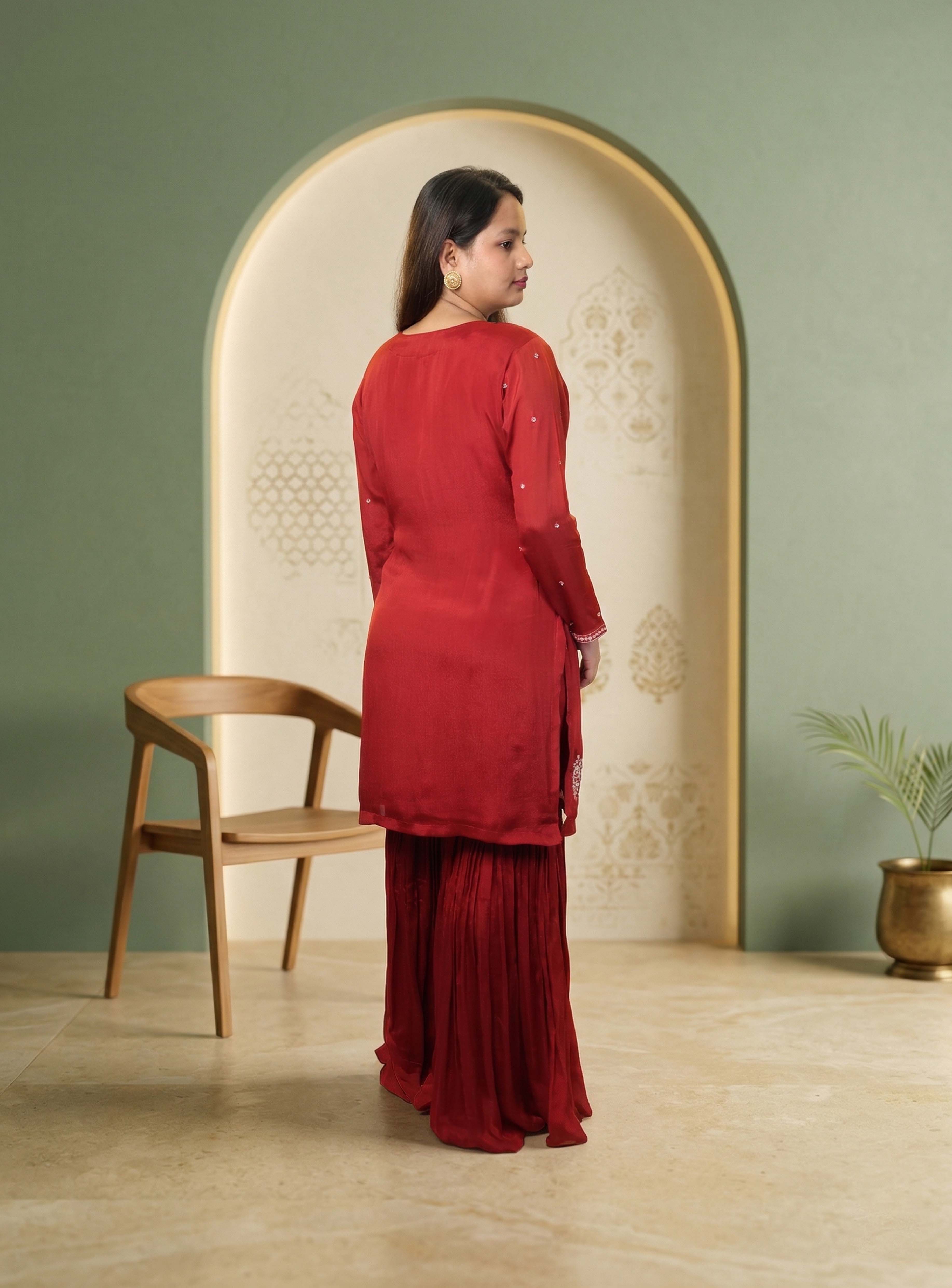 Red hand work chinon garara set with dupatta