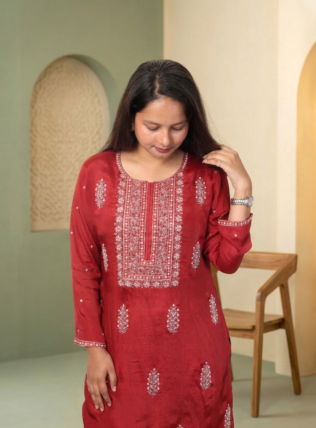 Red hand work chinon garara set with dupatta