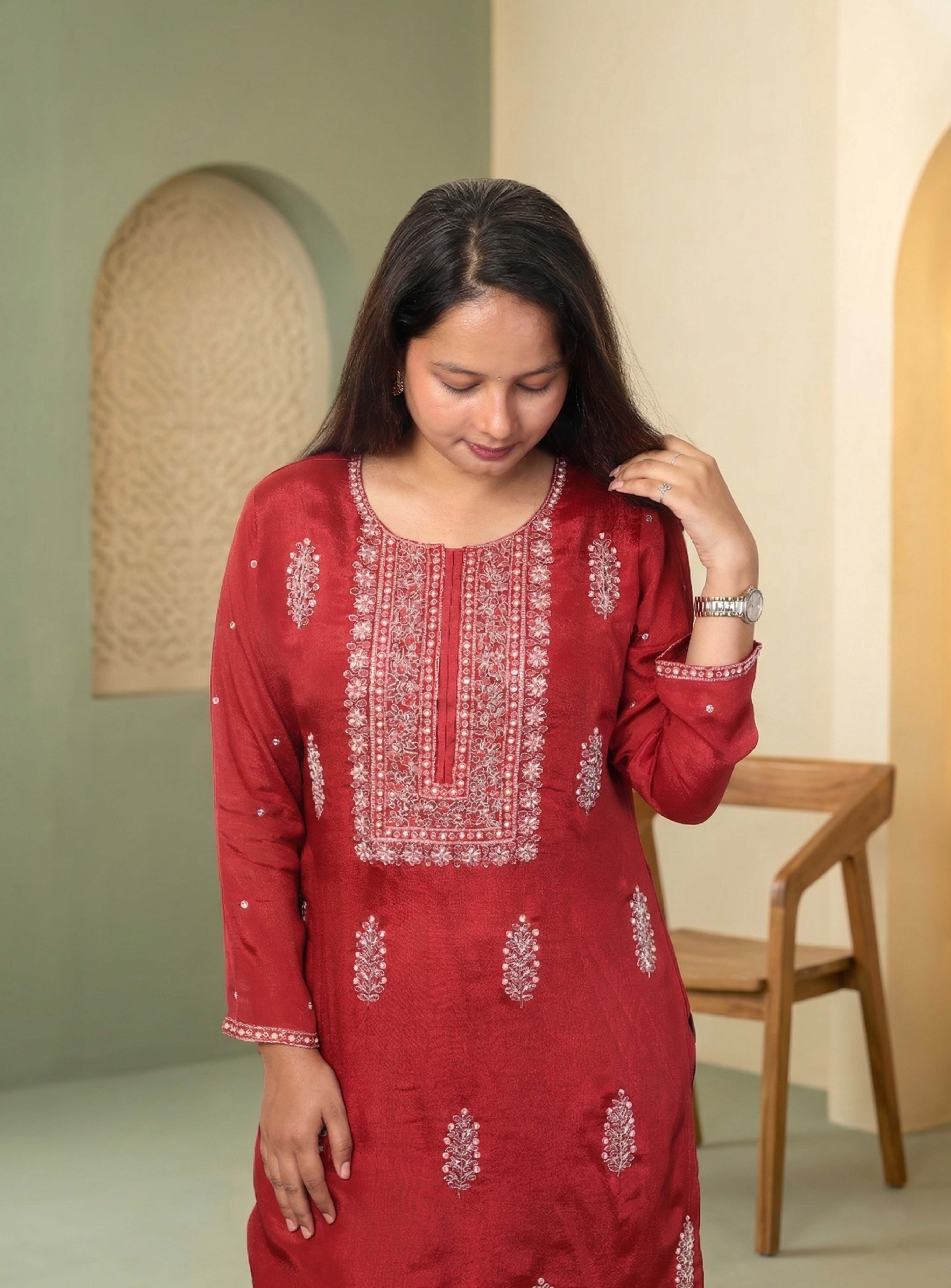Red hand work chinon garara set with dupatta