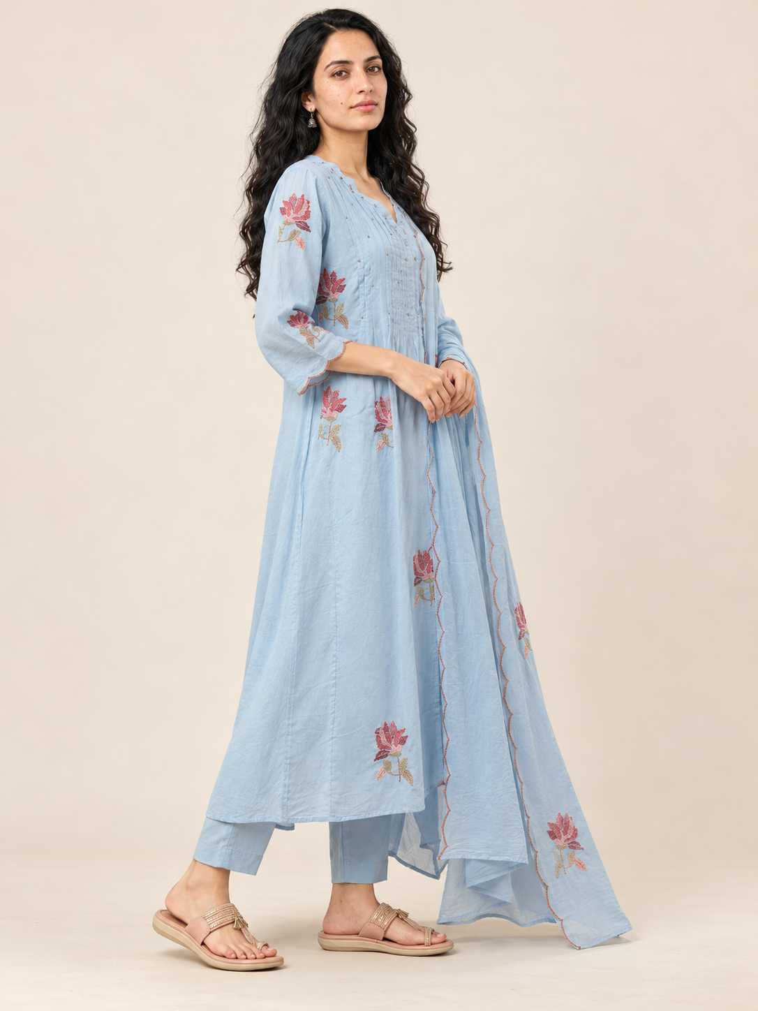 Azure Meadow Sky Blue Pure Mul Cotton A-Line Suit Set with Dupatta
