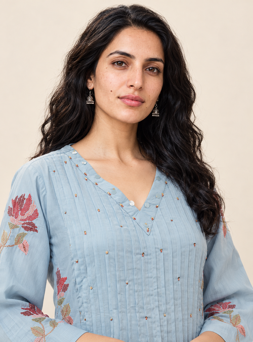 Azure Meadow Sky Blue Pure Mul Cotton A-Line Suit Set with Dupatta