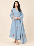 Azure Meadow Sky Blue Pure Mul Cotton A-Line Suit Set with Dupatta