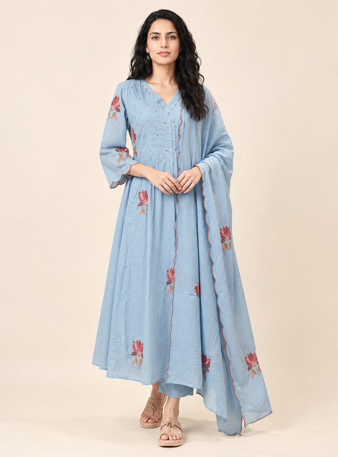 Azure Meadow Sky Blue Pure Mul Cotton A-Line Suit Set with Dupatta