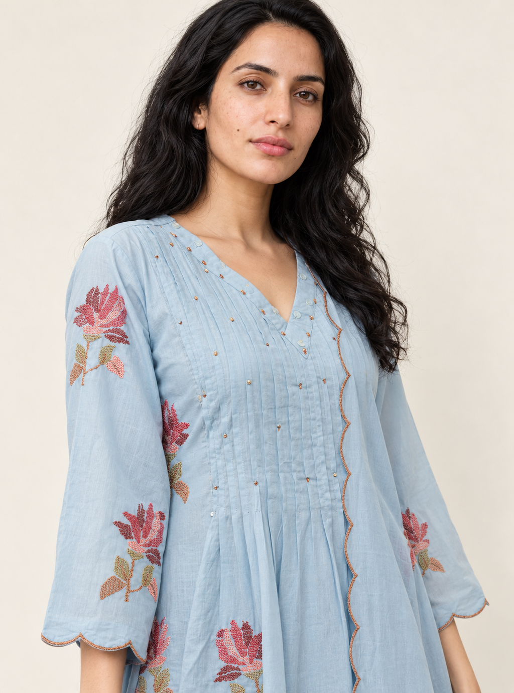 Azure Meadow Sky Blue Pure Mul Cotton A-Line Suit Set with Dupatta