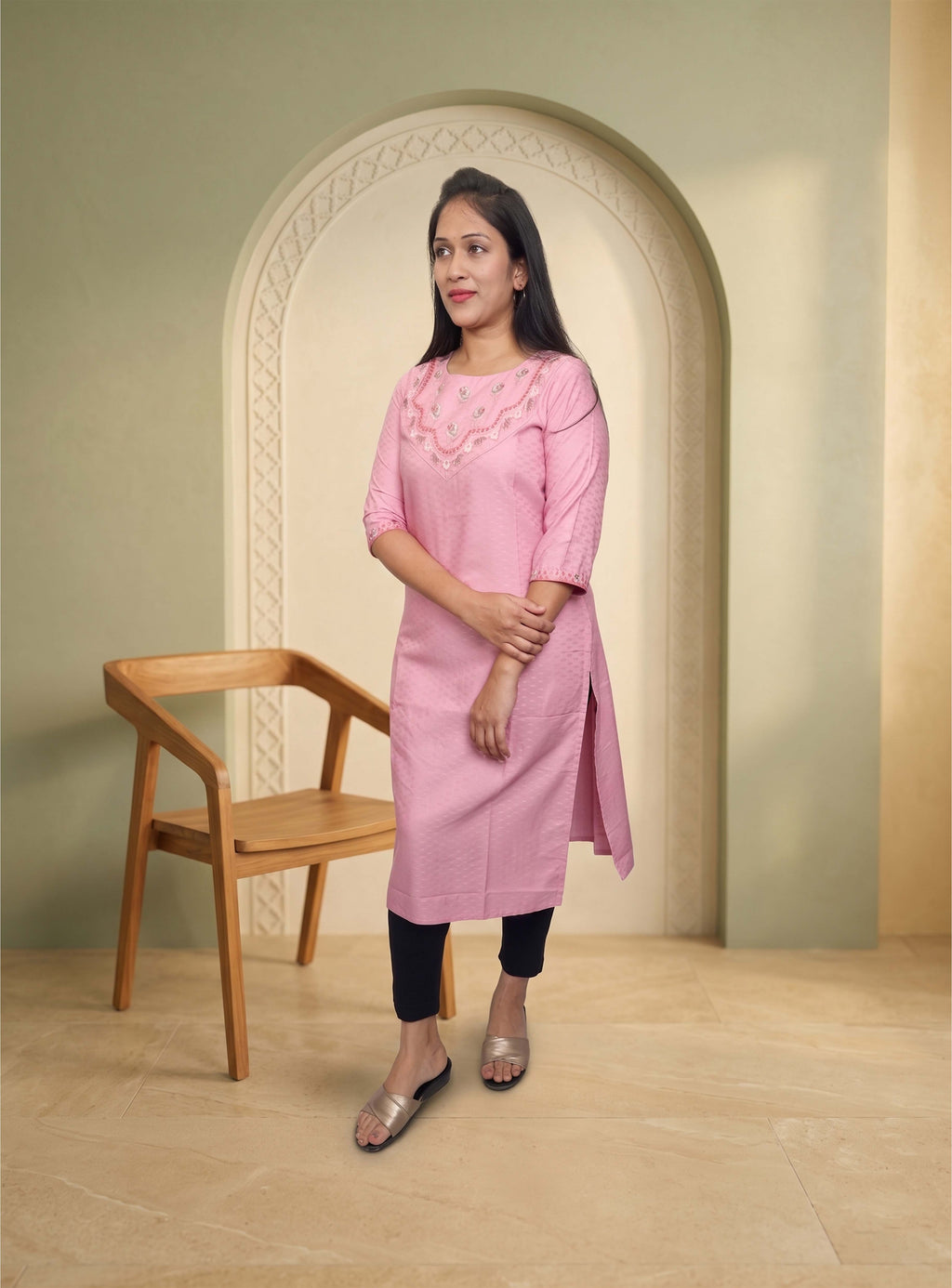 Pink cotton blend straight kurti
