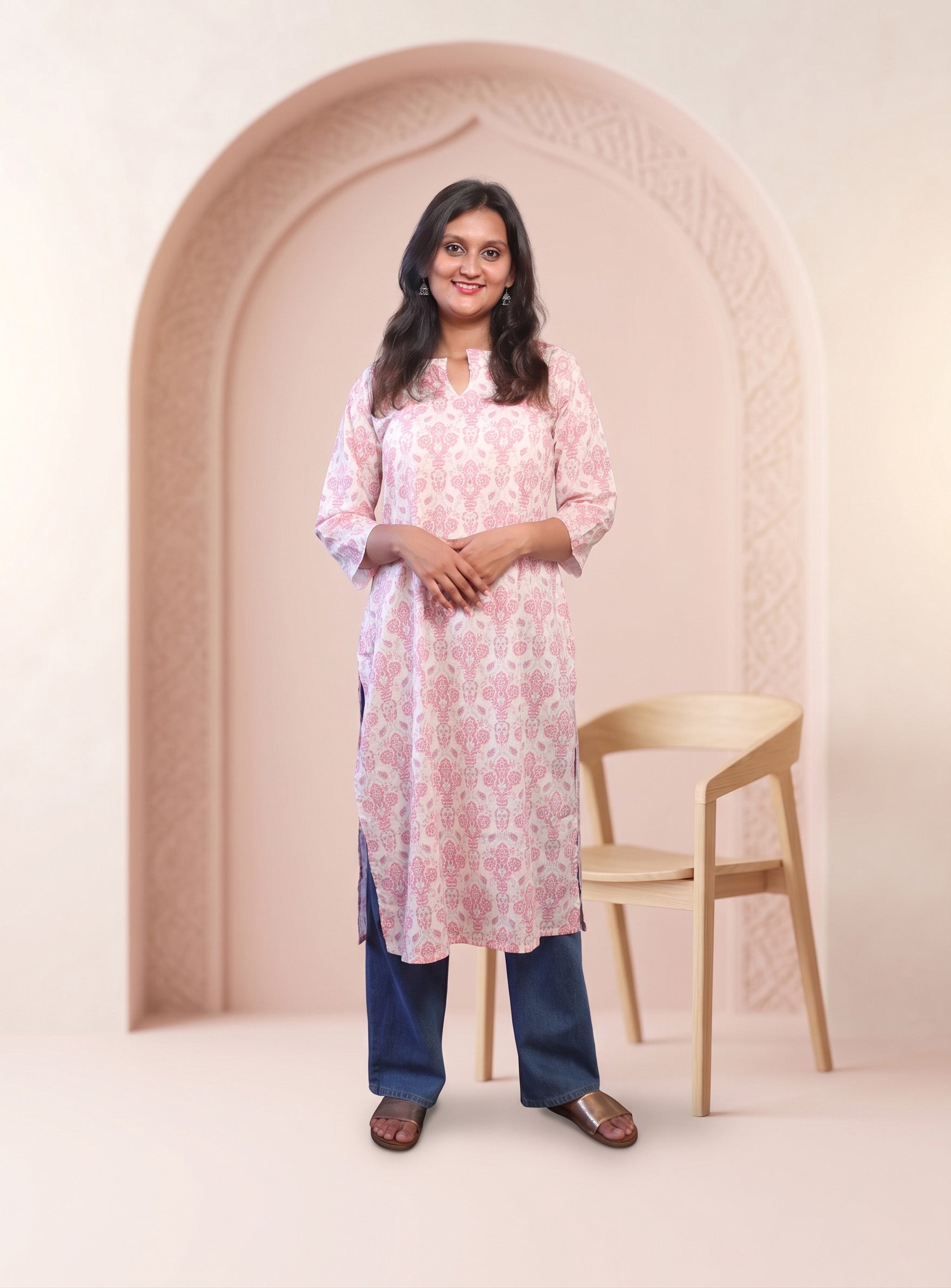 White and Pink cotton printed straight kurta