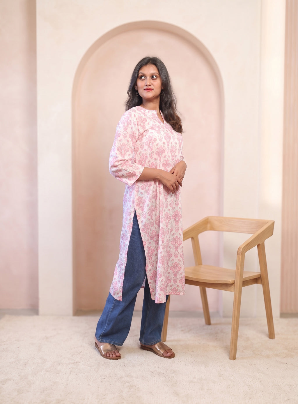 White and Pink cotton printed straight kurta