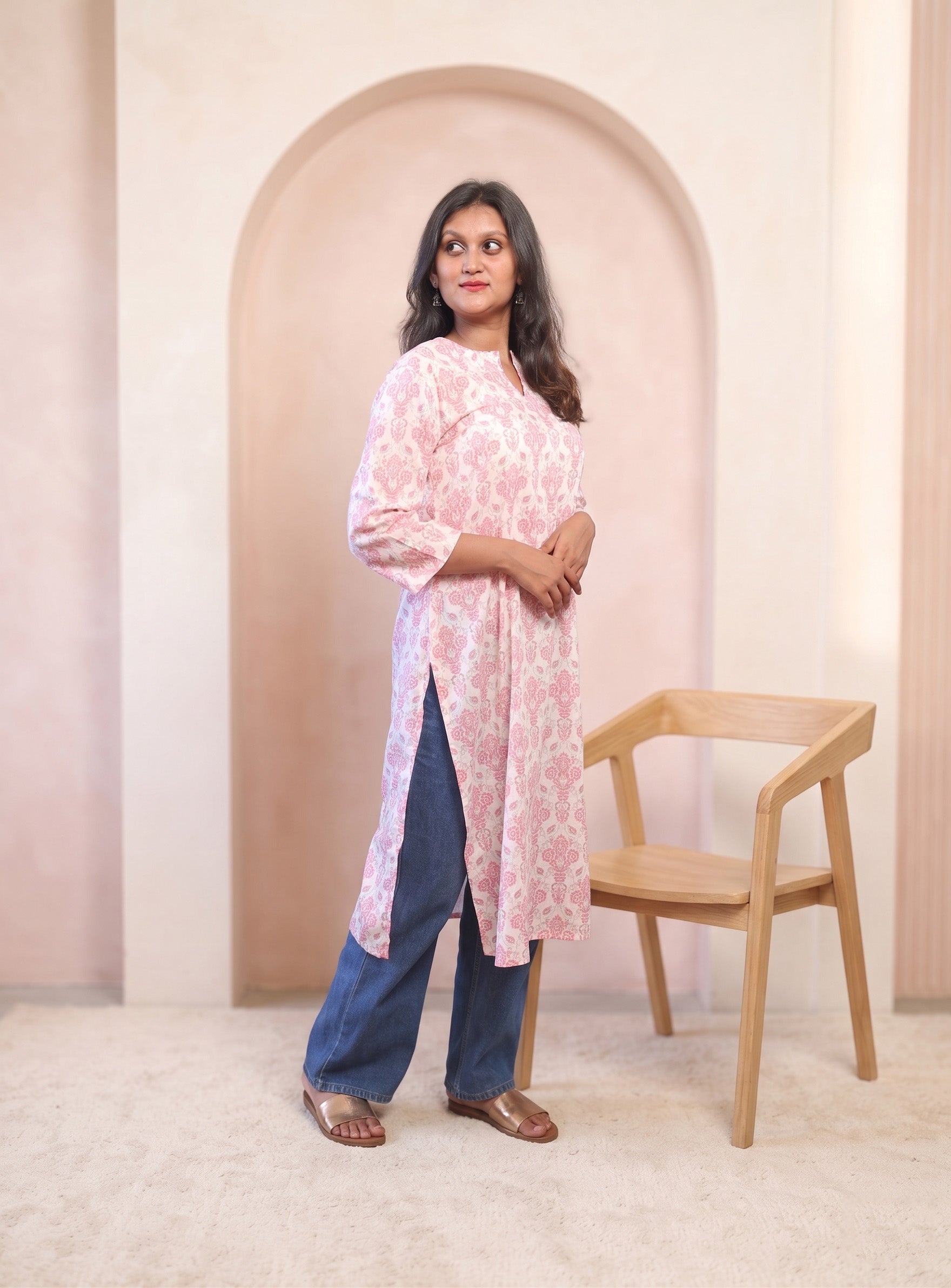 White and Pink cotton printed straight kurta