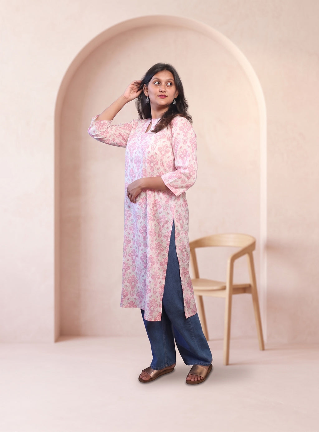 White and Pink cotton printed straight kurta
