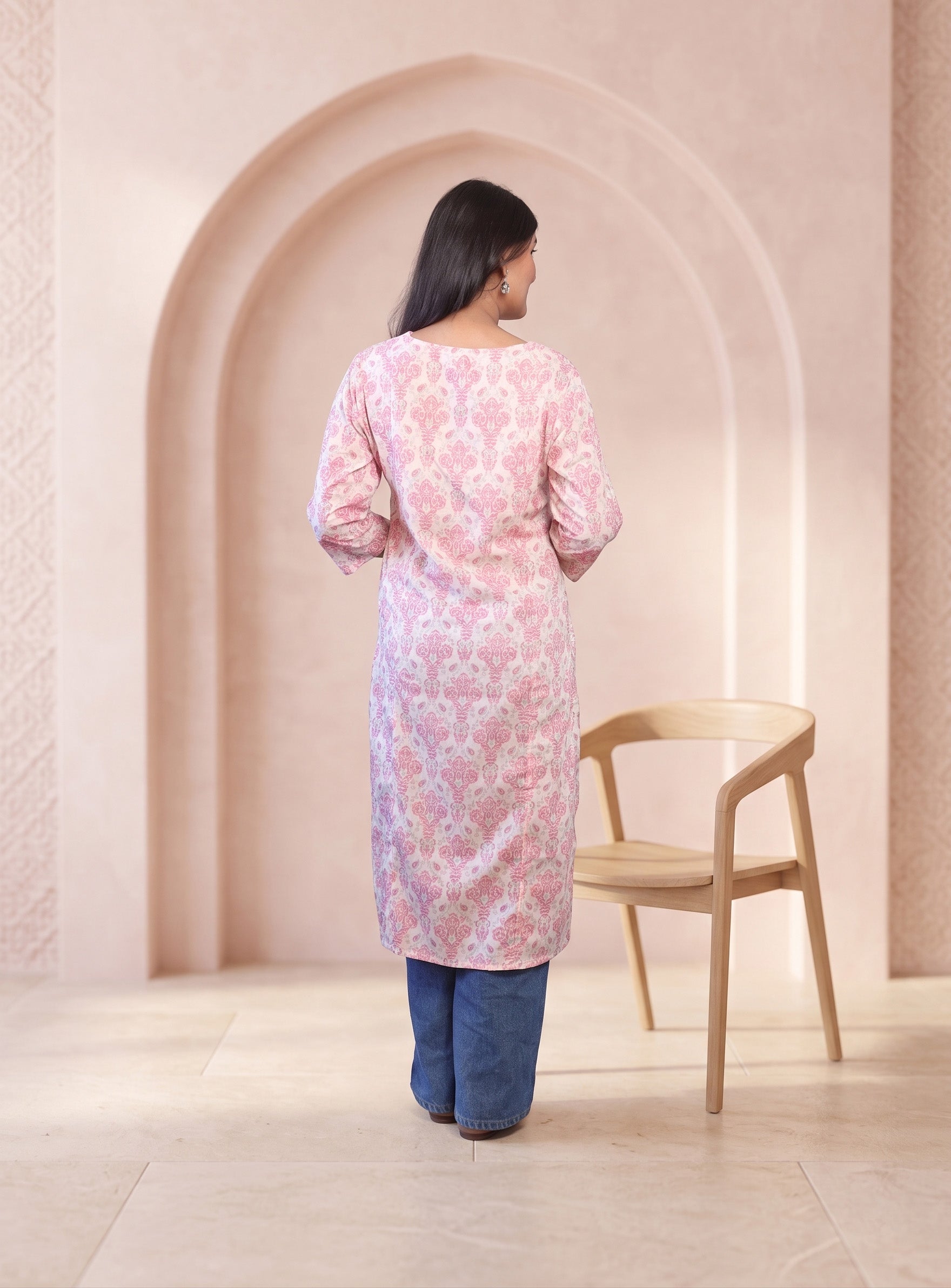 White and Pink cotton printed straight kurta