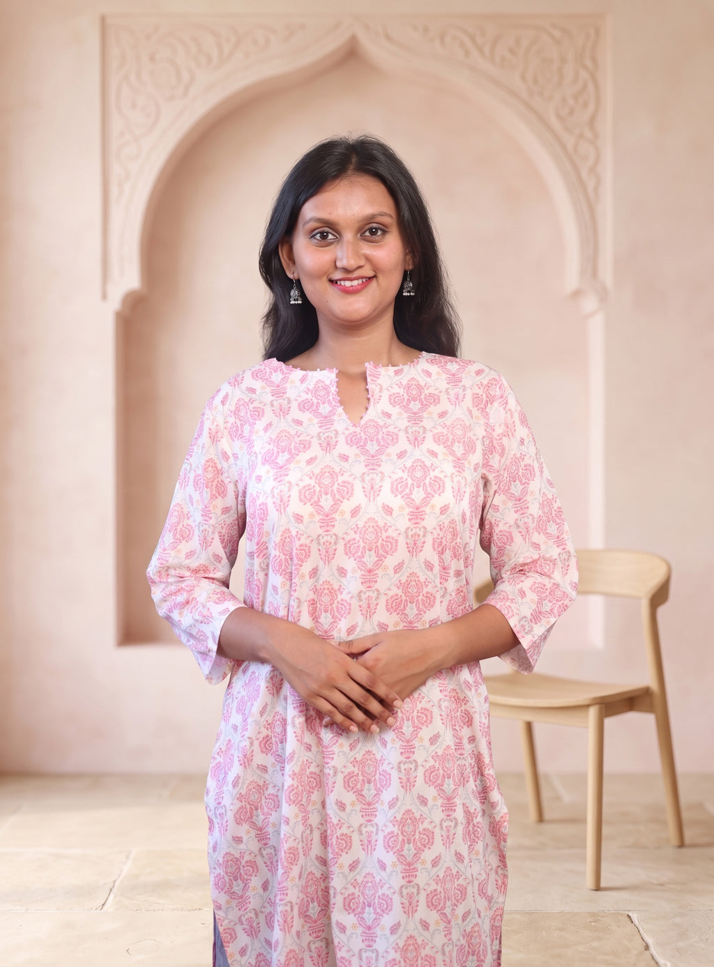White and Pink cotton printed straight kurta